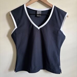 Nike Dri-FIT Sleeveless V-Neck Athletic Top Navy Blue White Cutout Back Large